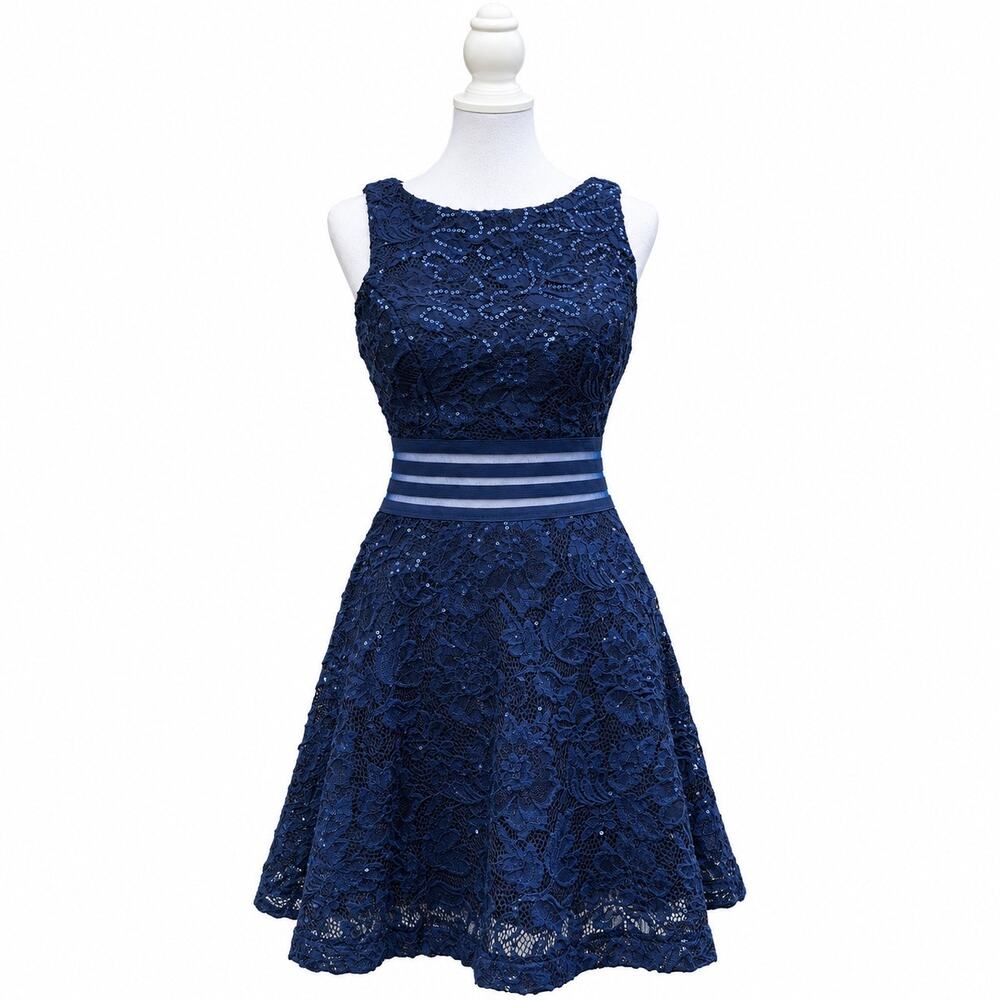 Speechless Navy Sequin Lace Fit and Flare Dress Ladder Back Juniors 3